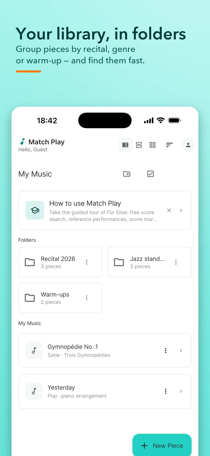 The Match Play home screen with pieces grouped into folders
