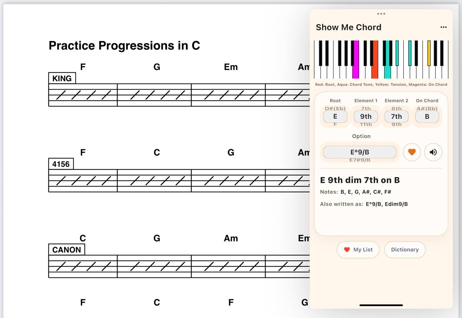 Show Me Chord in iPad Slide Over beside a score